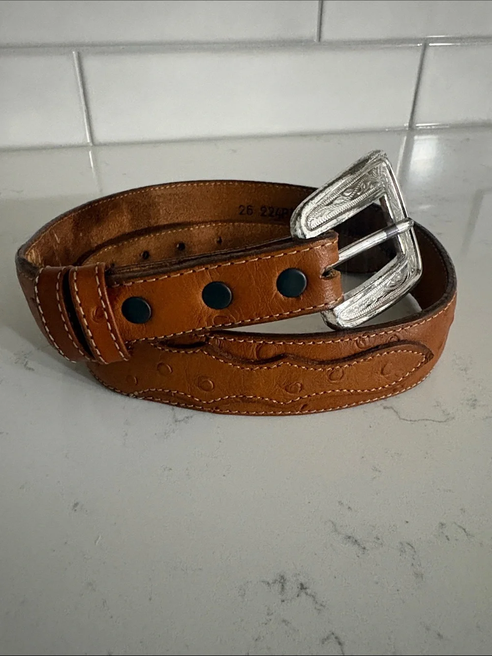 Women’s Vintage Justin Boots Brown Leather Belt with Silver Buckle (26)